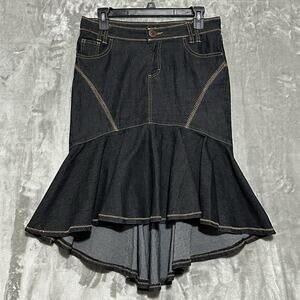 Y2K Bisou Bisou Trumpet Black Denim Skirt Womens Size 4 Midi Mermaid Fit Flare